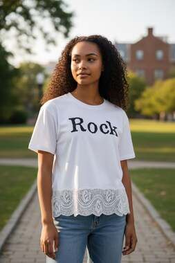 Rebel Queen by Liu Jo White Rock Graphic T-Shirt with Lace Hem